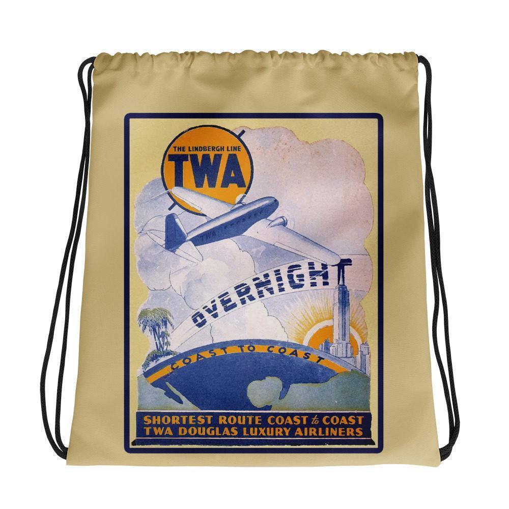TWA Vintage Ad Lindbergh Line Drawstring bag