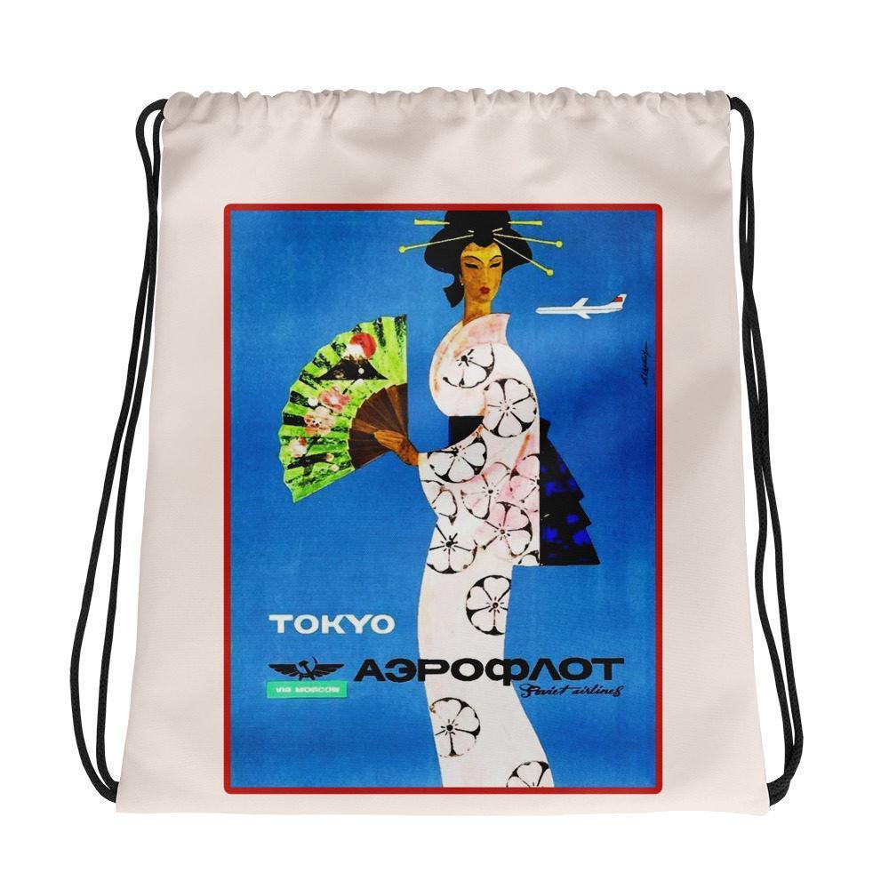 Aeroflot Tokyo via Moscow Vintage Ad white Drawstring bag