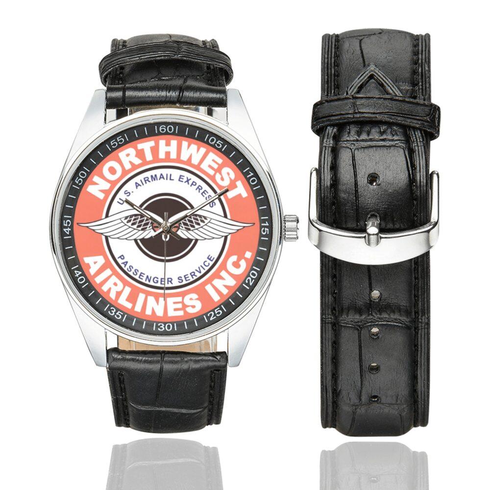 Northwest Airlines Vintage Logo Casual Faux Leather Strap Watch