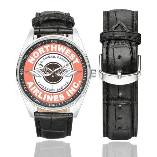 Northwest Airlines Vintage Logo Casual Faux Leather Strap Watch