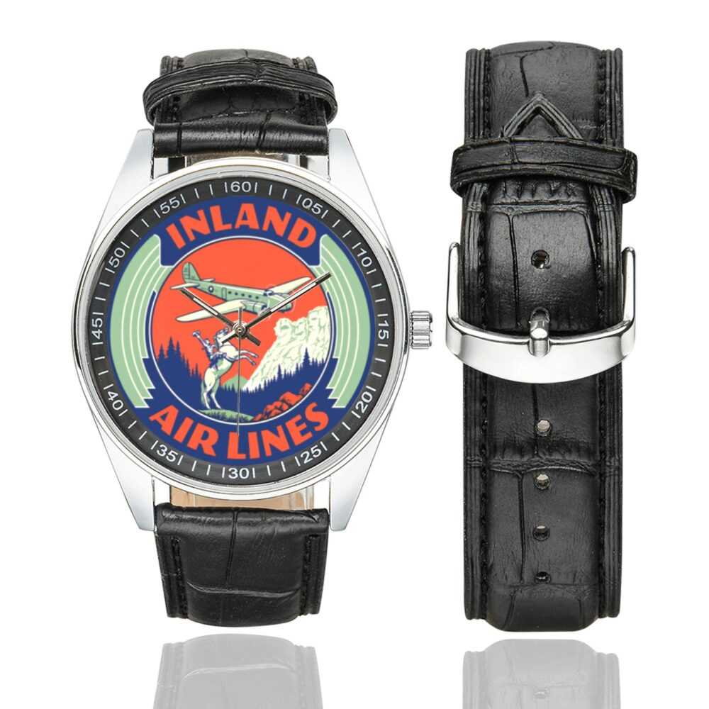 Inland airlines Men's Casual Leather Strap Watch.