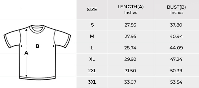 Black T-shirt size chart, sizes S to 3XL