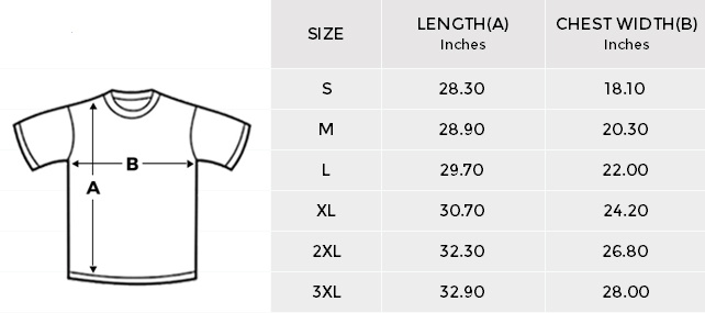 White T-shirt size chart, sizes S to 3XL